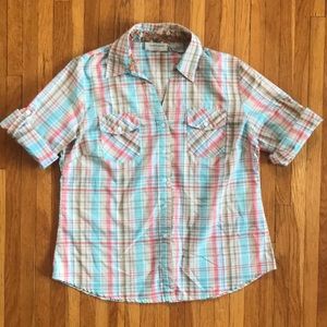Lemon Grass adjustable sleeve button up plaid shirt L